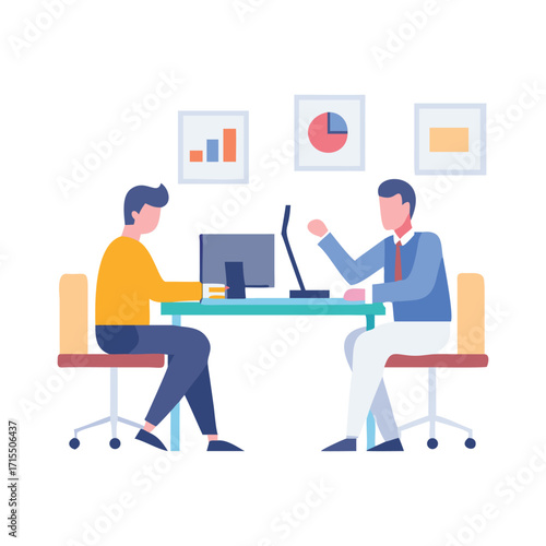 Business partners collaborating at desk discussing strategy with charts in open office setting