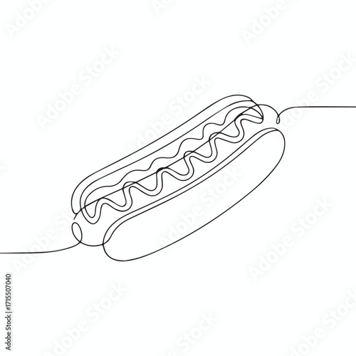 Continuous Simple black line art drawing of a hotdog in a minimalist style on a white background.