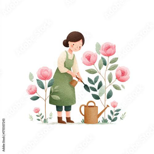 Woman tending to flowers with watering can in garden, beautiful scene.