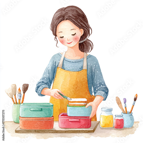 Woman preparing food, focused on culinary arts, carefully arranging ingredients, displaying artistic skills, in a cozy kitchen setting.