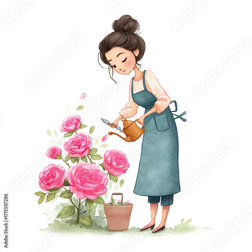 Woman tending to vibrant pink roses with watering can.