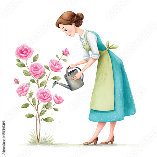 Woman tending to roses with watering can in garden.