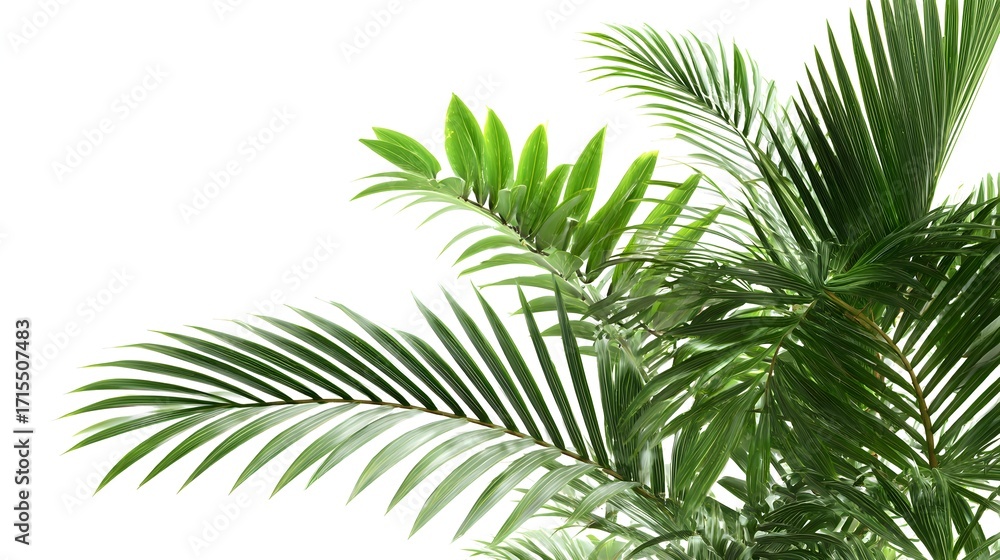 Fototapeta premium A close-up view of lush green palm leaves against a white background