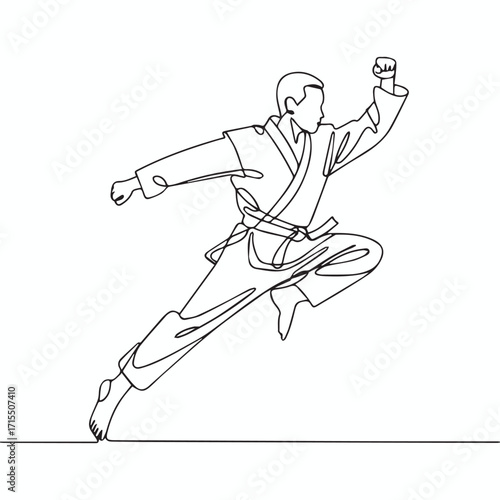Continuous Simple black line art drawing of a karate in a minimalist style on a white background.
