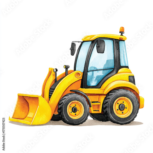 Yellow backhoe loader construction vehicle with front loader and bucket.