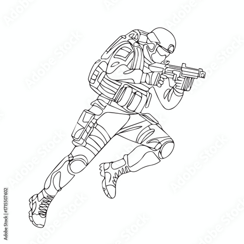 Continuous Simple black line art drawing of a military man in a minimalist style on a white background.