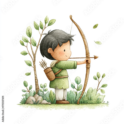 Young Archer Boy Aims Bow and Arrow.
