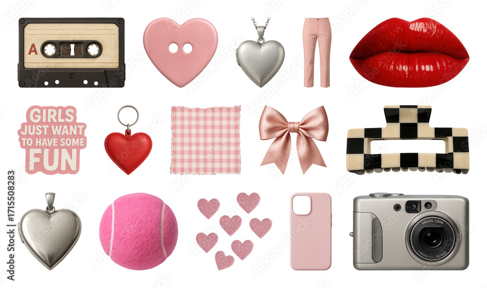 Naklejka premium PNG Retro playful pink aesthetic collection, element set on transparent background