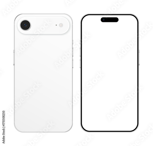 White smartphone device front and back, slim design mockup for advertisement. Vector illustration