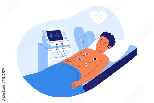 Illustration of Electrocardiogram Test. Patient on an ECG Machine Bed for Heart Health Monitoring and Cardiac Diagnosis