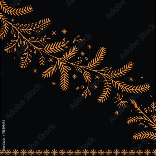 A winter wonderland with green evergreen fir trees and pine branches adorned with snow and holiday decorations, creating a festive frame for a Christmas celebration