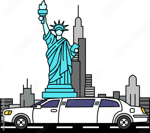isolate illustration of A limo is driving past the Statue of Liberty