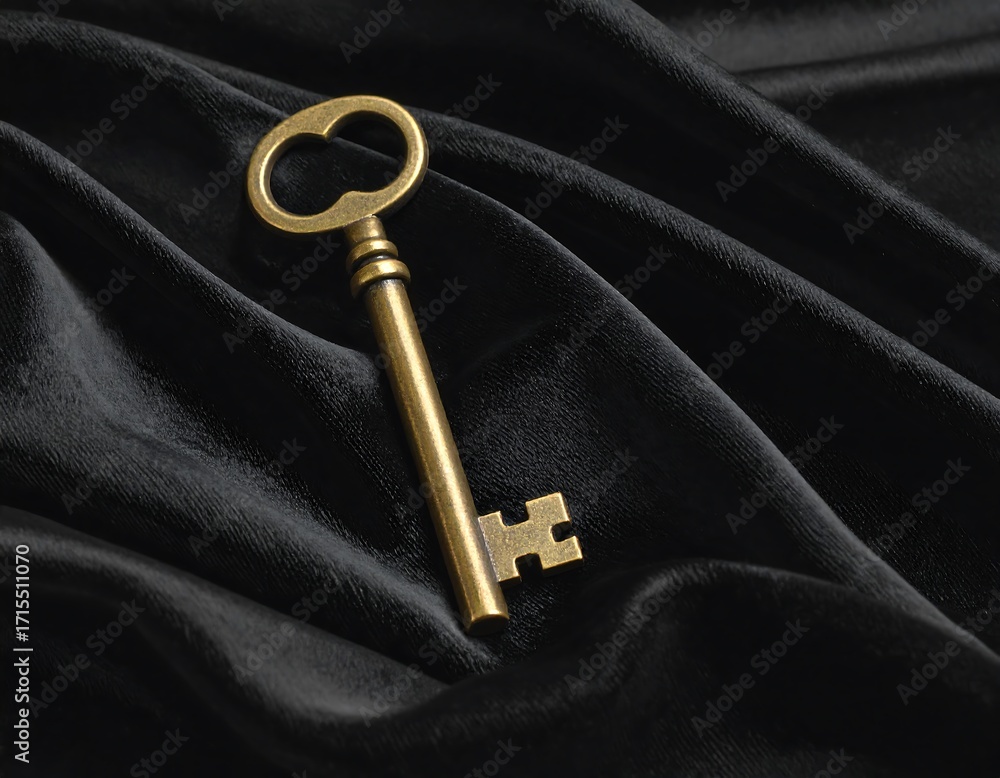 Naklejka premium A vintage brass key rests elegantly on a dramatic expanse of deep black fabric.