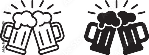 Vector art of two beer mugs toasting each other in black and white