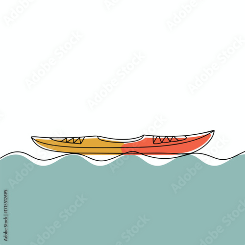 Continuous Simple black line art drawing of a canoe in a minimalist style on a white background.