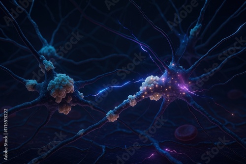 Neuron Network with β-Amyloid Plaques in Human Brain