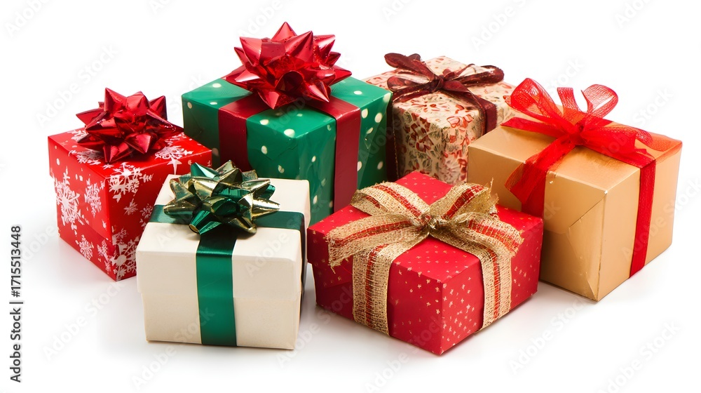 Obraz premium A collection of colorful wrapped gifts with bows, featuring red, green, and gold designs, arranged in a festive manner