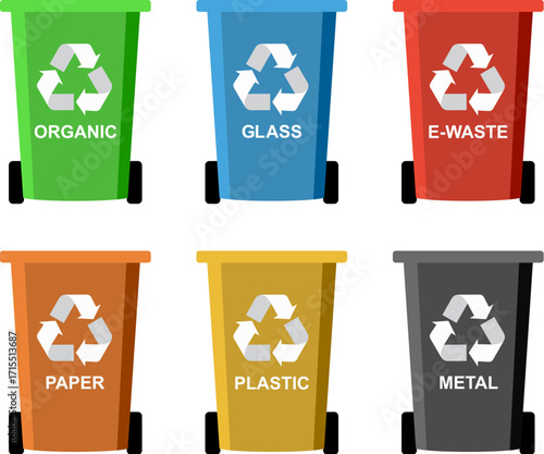 vector set of recycling wheelie bin icons. isolated on white background, industrial recycle of separate waste and garbage concept symbols