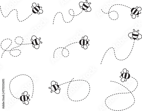 vector flying honey bee cartoons design isolated on white background. flat style flying bumble bee pictograms with dashed lines. beekeeping