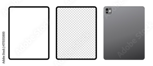 Realistic tablet pc mockup design with blank screen in front and back angle. Vector illustration