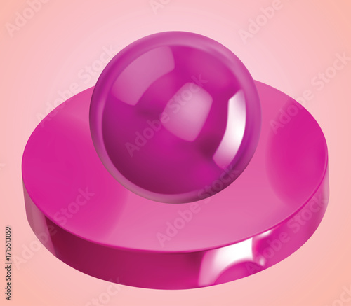 A reflective pink sphere resting on a circular, glossy magenta podium