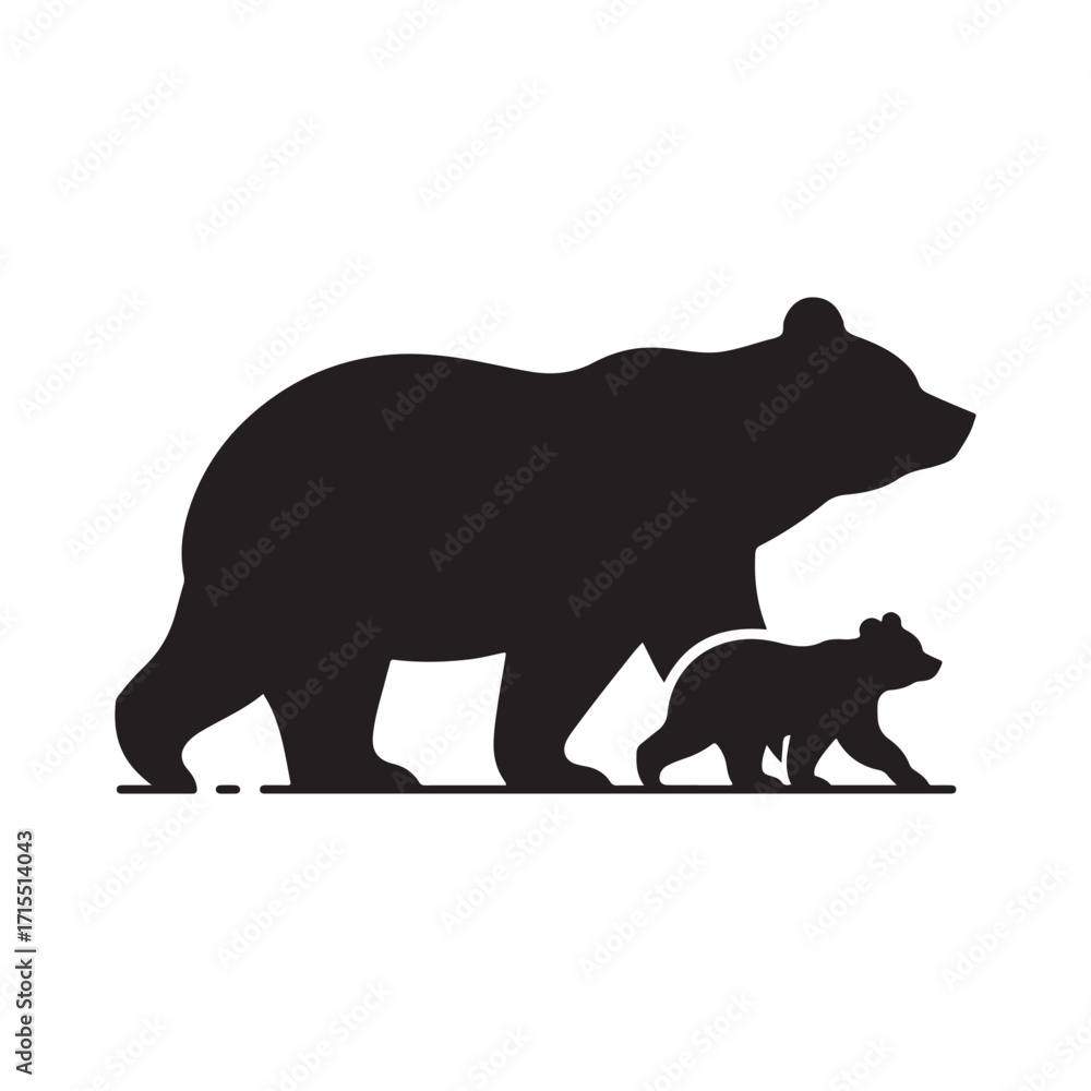 Fototapeta premium Bear walking with cub trailing behind vector silhouette outline logo design illustration