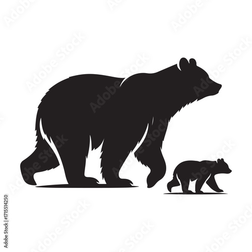 Bear walking with cub trailing behind vector silhouette outline logo design illustration