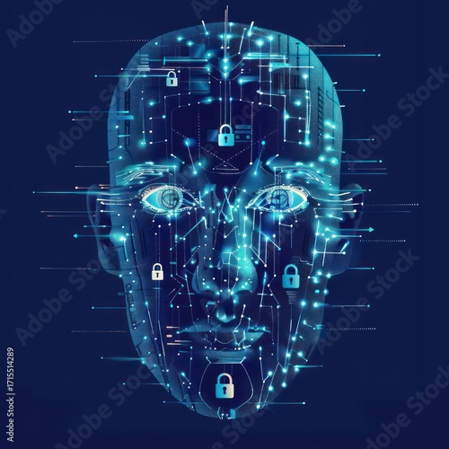Digital human face with lock icons symbolizing data protection and cybersecurity in a futuristic design concept