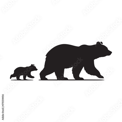 Bear walking with cub trailing behind vector silhouette outline logo design illustration
