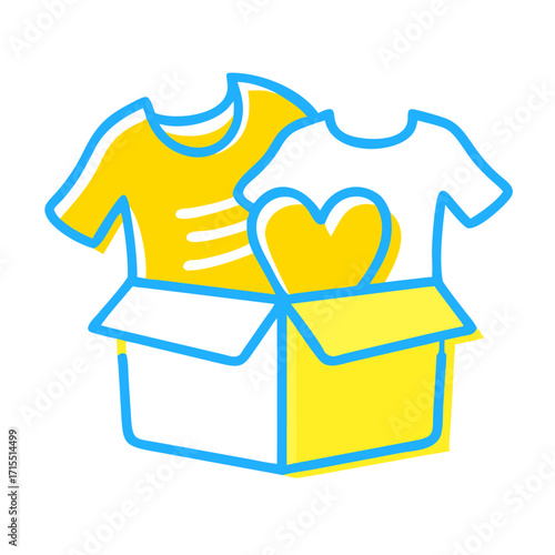 Yellow box with t-shirts and heart symbol for donation concept  