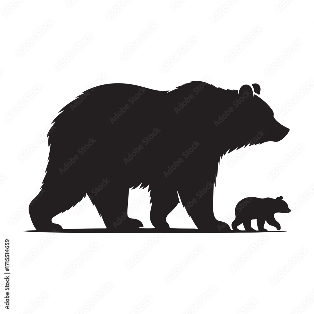 Fototapeta premium Bear walking with cub trailing behind vector silhouette outline logo design illustration