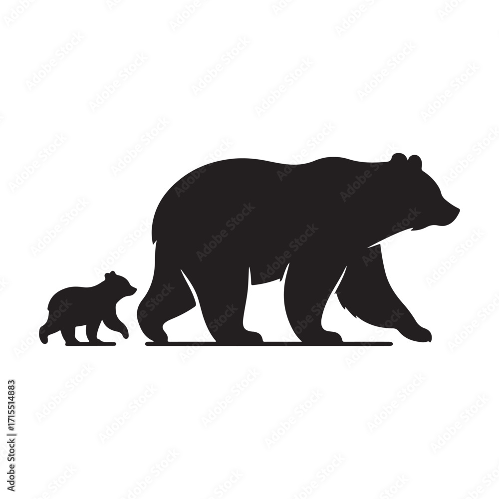 Fototapeta premium Bear walking with cub trailing behind vector silhouette outline logo design illustration