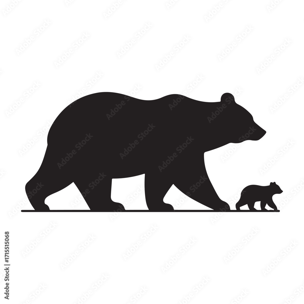 Fototapeta premium Bear walking with cub trailing behind vector silhouette outline logo design illustration