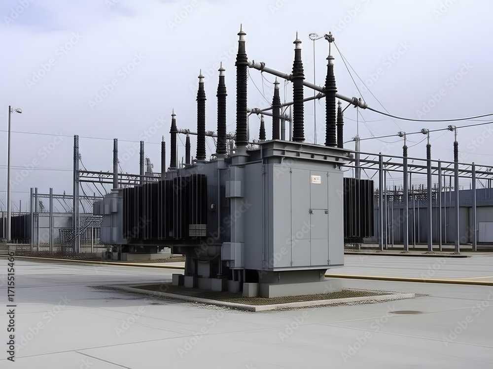 Obraz premium Power station transformer ensures reliable energy distribution to homes and businesses safely and efficiently