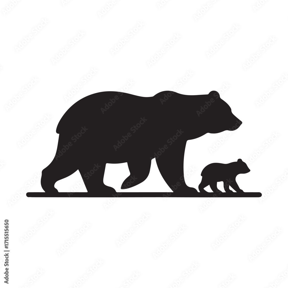 Fototapeta premium Bear walking with cub trailing behind vector silhouette outline logo design illustration