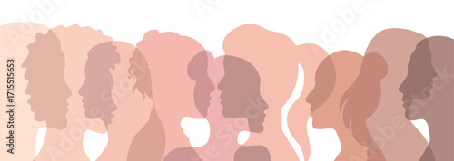 Women's history month colorful silhouette faces design. Female community, diversity and friendship culture vector illustration