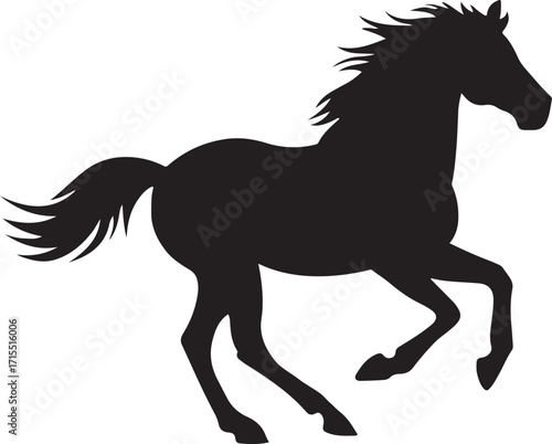 Black Horse Silhouette Running with Flowing Mane and Tail on White Background