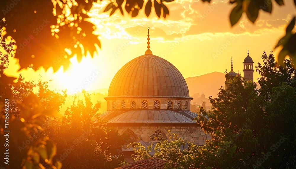 Fototapeta premium A magnificent mosque dome bathed in warm sunset hues, framed by lush green foliage.