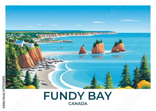 Bay of Fundy, Canada Flat Retro Poster illustration, Landscape Travel Wall Art, Vintage High quality prints