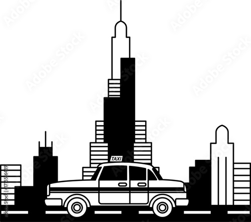black and white isolate illustration of A taxi is driving down a city street