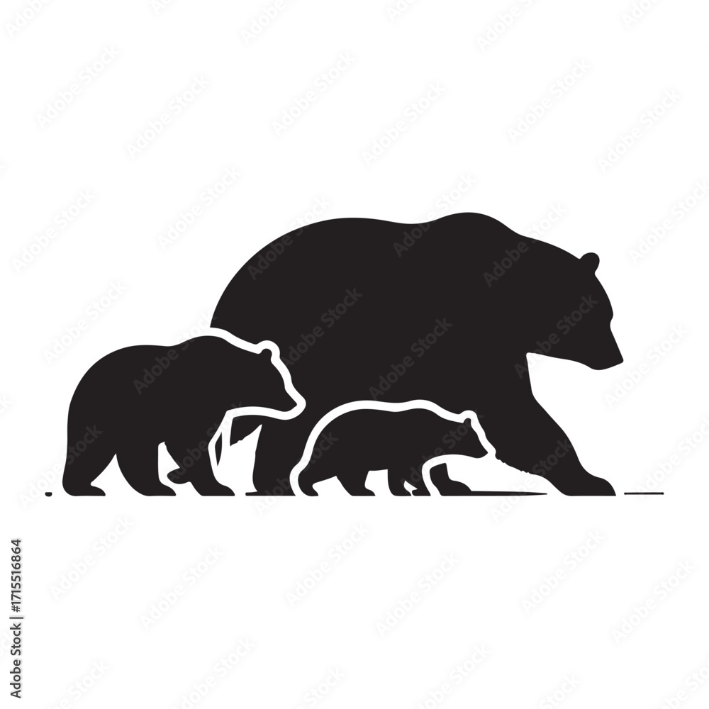 Fototapeta premium Bear walking with cub trailing behind vector silhouette outline logo design illustration