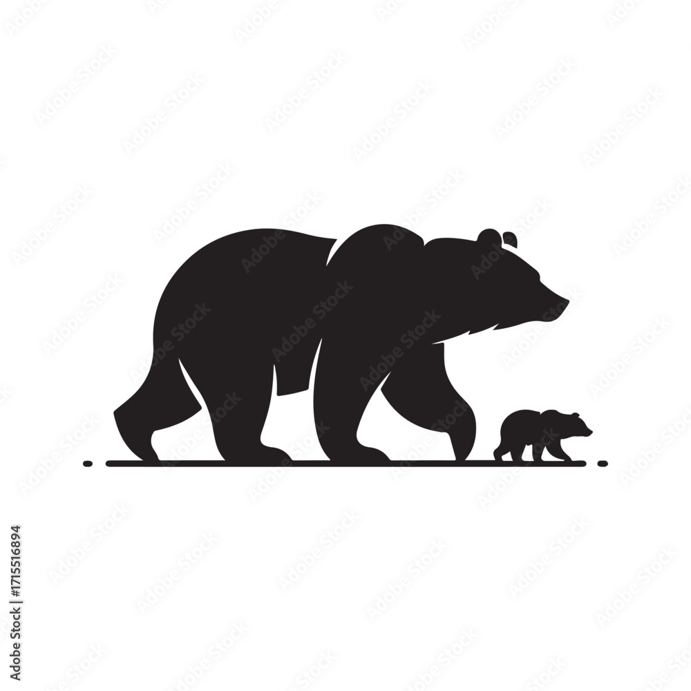 Fototapeta premium Bear walking with cub trailing behind vector silhouette outline logo design illustration