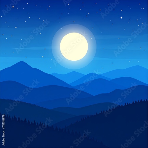 Night mountain landscape with moon