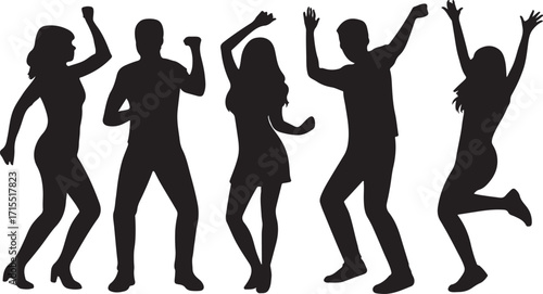 Silhouette of Five People Dancing with Arms Raised in Celebration