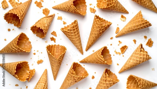 Scattered Empty Waffle Ice Cream Cones on White Background