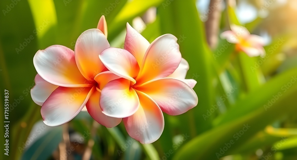 Fototapeta premium frangipani plumeria flower in bloom, vibrant petals, tropical garden background, soft sunlight, detailed texture