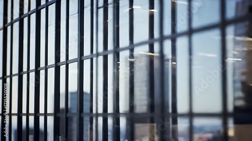 Wallpaper Mural Closeup of glass window reflecting urban cityscape with grid pattern and sunlight during daytime Torontodigital.ca