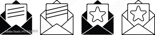 Four envelope icons with letters and stars in black and white
