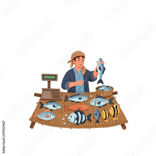 A fishmonger displays fresh fish for sale at a market stall, offering a selection.