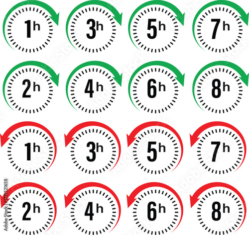 Hourly Time Icons Green and Red Circular Arrows, 1-8 Hours, Project Management, Scheduling, Time Management, UI Design Elements